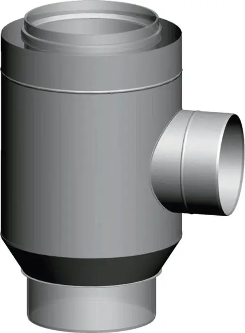 Polypropylen-Adapter mit zylindrischer Form und zwei Anschlüssen, einer davon seitlich, für die Verbindung von Rohren in Installationen, geeignet für Systeme wie die von Wolf.